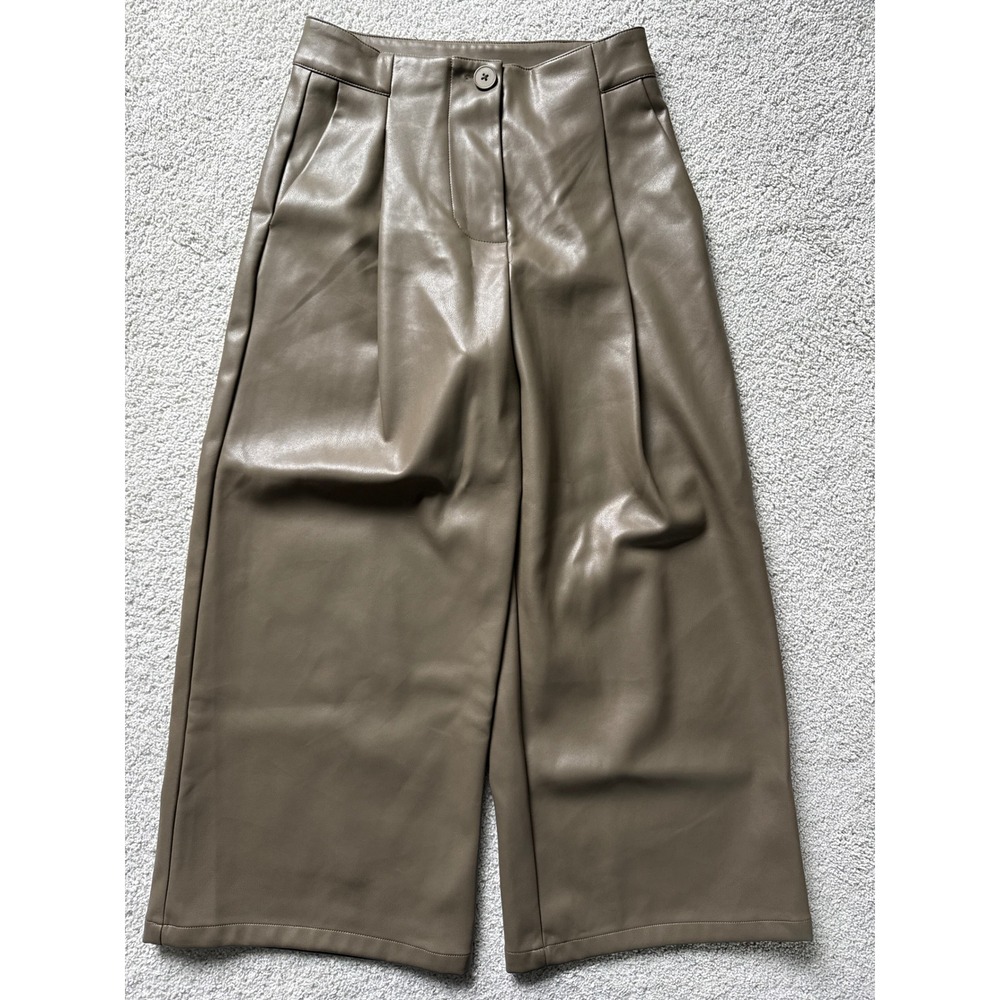 Miou Muse Olive Taupe Faux Leather Wide Leg Pleated PenelopeTrousers Pants Small